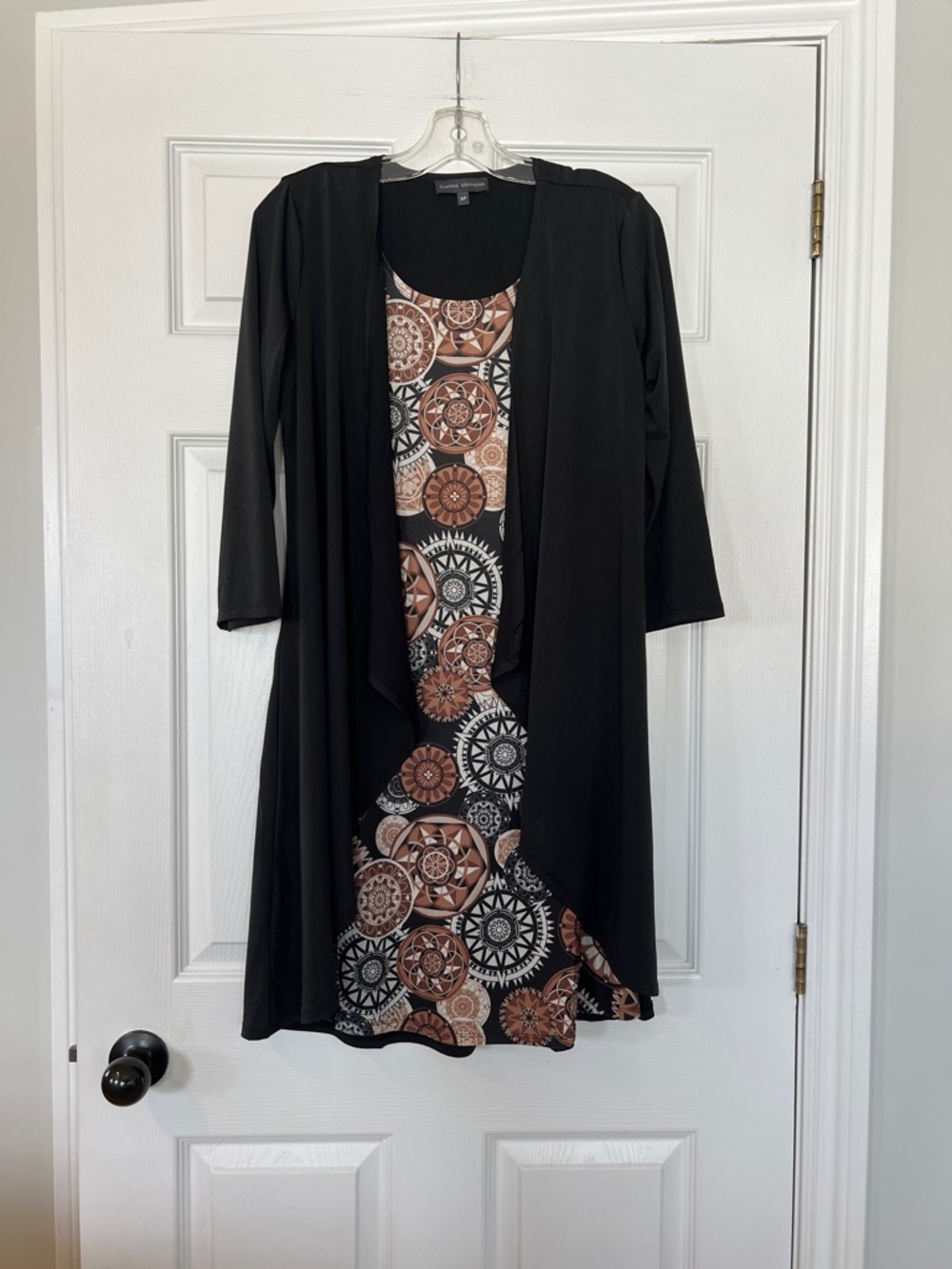 Black Layered Midi Dress with Brown Medallion Print